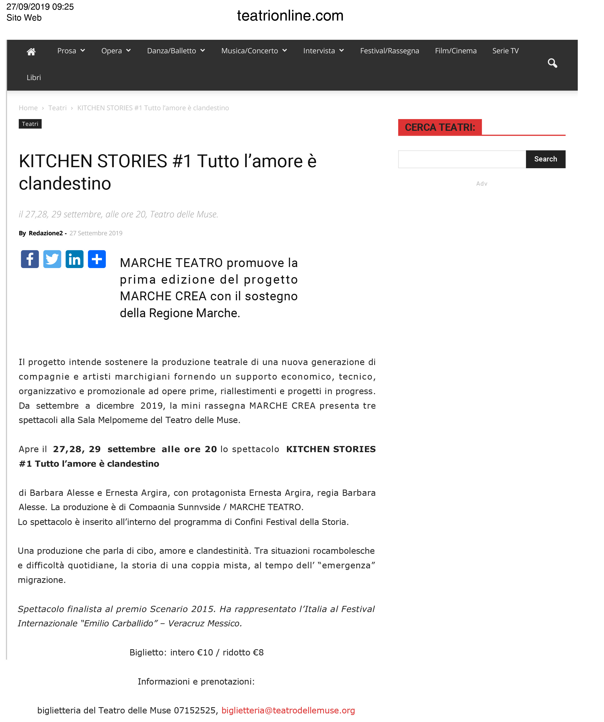 27 Set 19 Kitchen Stories 1 Tutto L Amore E Clandestino Teatrionline Marche Teatro